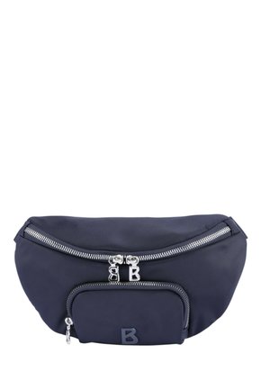 Marsupio in nylon blu navy con forma arrotondata, doppie cerniere argento, tasca frontale e logo 'B' in rilievo all'esterno.