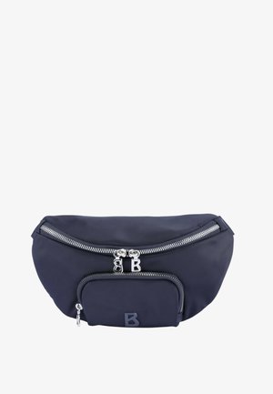 Marsupio in nylon blu navy con forma arrotondata, doppie cerniere argento, tasca frontale e logo 'B' in rilievo all'esterno.