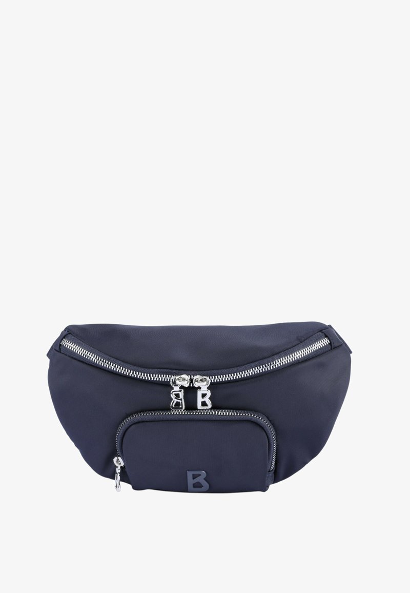 Marsupio in nylon blu navy con forma arrotondata, doppie cerniere argento, tasca frontale e logo 'B' in rilievo all'esterno.