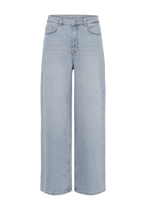 Svijetloplave traperice širokih nogavica i visokog struka s prednjim kopčanjem na gumbe, patentnim zatvaračem i dizajnom s pet džepova, prikazane na jednostavnoj bijeloj pozadini.