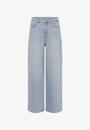 Svijetloplave traperice širokih nogavica i visokog struka s prednjim kopčanjem na gumbe, patentnim zatvaračem i dizajnom s pet džepova, prikazane na jednostavnoj bijeloj pozadini.