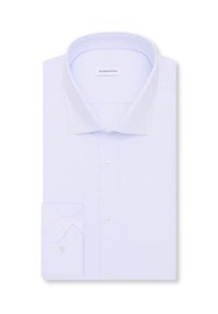 Camicia azzurro chiaro in tessuto strutturato, con colletto appuntito e chiusura frontale a bottoni, con dettaglio interno dei polsini a motivo.