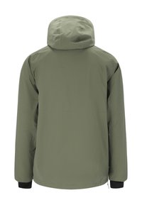 Vattentät jacka i olivgrönt, med huva, rak skärning, långa ärmar med svarta manschetter och minimal sömnadsdetaljering.