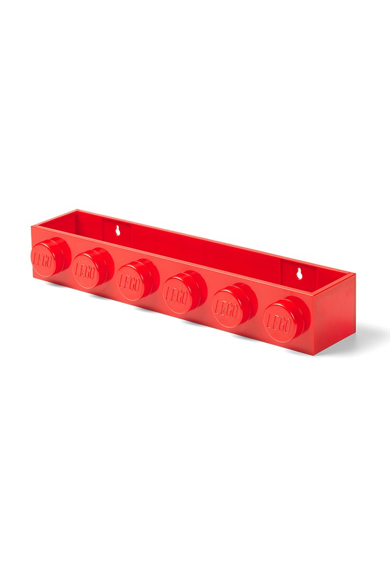 Organizador de pared de LEGO rojo con cinco clavijas circulares, diseño rectangular, acabado brillante y logo de LEGO en relieve en cada clavija.