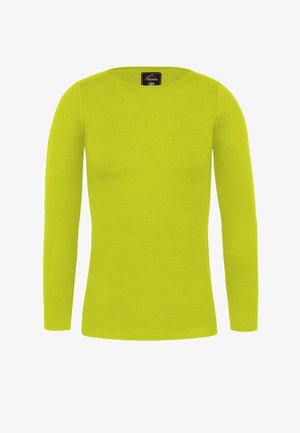Long-sleeve shirt in bright lime green, made of soft fabric. Features a round neckline and fitted design with no patterns or accents.