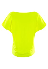 Short-sleeve, bright neon yellow top with a wide neckline and smooth, shiny texture. Features a relaxed fit and no visible seams.