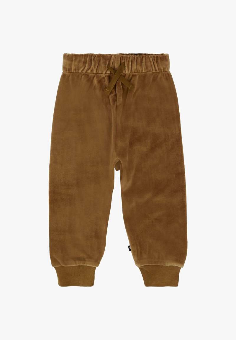 Bruine fluwelen joggingbroeken met een elastische tailleband, verstelbaar trekkoord en ribgebreide boorden bij de enkels. Zachte textuur en gladde afwerking.