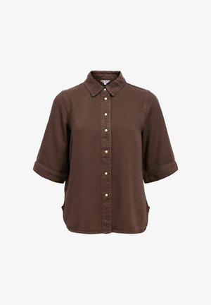 Brown button-up shirt with a spread collar, short rolled sleeves, and white buttons. Made of a smooth fabric with a relaxed fit.
