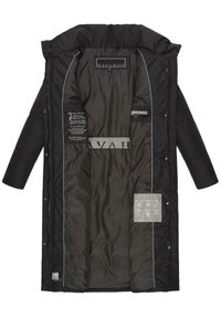 Black padded coat with a long design, featuring a smooth interior, gray accents, logo labels, and care instructions on the left pocket.