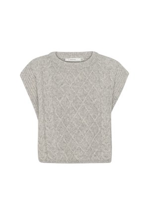 Maglione grigio chiaro lavorato a maglia con maniche corte larghe, caratterizzato da un motivo a treccia testurizzato e un collo rotondo.