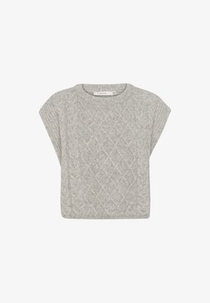 Šviesiai pilkas megztinis su laisvomis trumpomis rankovėmis, turintis tekstūrinį kabelinį raštą ir apvalų iškirpimą.