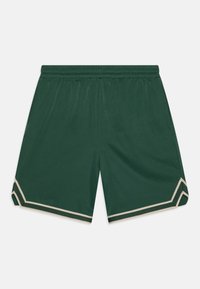 Ciemnozielone spodenki sportowe wykonane z lekkiego materiału; mają szeroką, elastyczną talię oraz beżowe akcenty wzdłuż dołu.