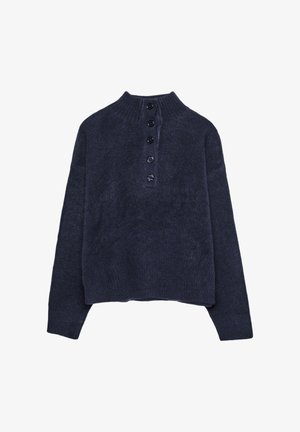 Mornarica vuna pulover, duge rukave, visoki ovratnik, prednji dio sa pet dugmadi, rebrasti rub i rukavi, mekana tekstura, skraćeni dizajn.
