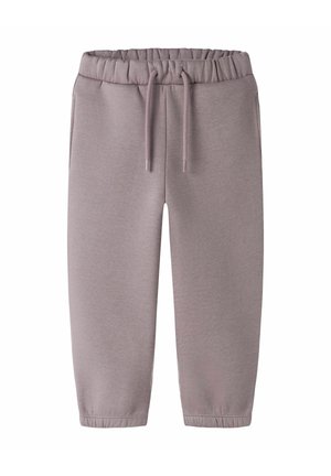 Pantalon de jogging violet clair à taille élastique avec cordon de serrage et chevilles resserrées, présenté à plat sur fond blanc.