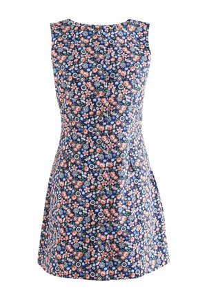 Ärmelloses dunkelblaues Kleid mit tailliertem Schnitt und floralem Muster in Pink, Weiß und Blau, vordere Knopfdetails und runder Ausschnitt.