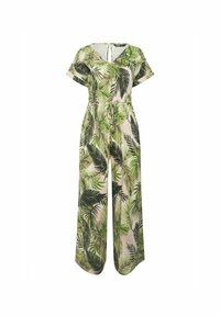 Grön och svart palmbladsmönstrad jumpsuit med korta ärmar, v-ringning, dragsko i midjan och breda ben på en ljus rosa bakgrund.