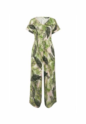 Green and black palm leaf print jumpsuit with short sleeves, v-neckline, drawstring waist, and wide leg design on a light pink background.