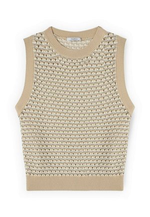 Gilet beige senza maniche in maglia con motivo traforato testurizzato, scollatura, apertura delle maniche e orlo a coste.