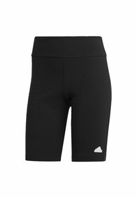 Svarta ribbade cykelbyxor med hög midja och en liten vit logotyp på nedre vänstra sidan. Tillverkade av ett stretchigt material.