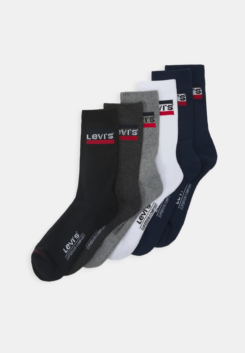 Five pairs of Levi's socks in black, gray, white, and navy. Ribbed texture with a logo band and contrasting color accents.