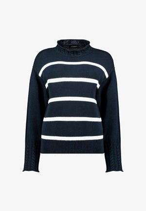 Tumesinine kampsun valgete horisontaalsete triipudega, millel on kõrge kaelus ja tekstuuriga nööride kudumine varrukatel. Klassikaline lõige ja soonikkoes äär.