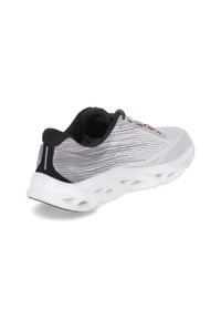 Gray athletic shoe with a textured upper, black accents, and contrasting white sole featuring cut-out sections. Laces are red.