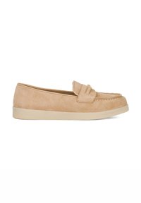 Beige suede loafers with a rounded toe, a decorative strap on the front, and a tan rubber sole. Smooth texture, minimalistic design.