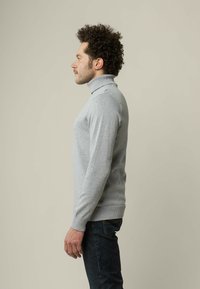 Hellgrauer Rollkragensweater, gerippte Bündchen und Saum, figurbetontes Design, gestrickte Textur, getragen mit dunklen Jeans, seitlich gezeigt.