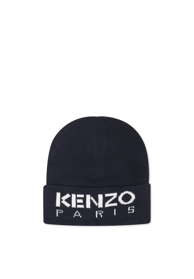 Bonnet en maille bleu marine avec un revers plié, arborant le logo "KENZO PARIS" brodé en blanc. Texture lisse, sommet arrondi.