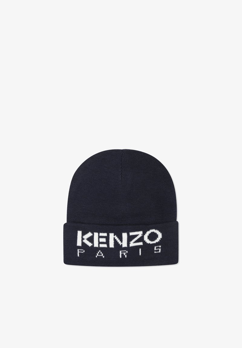 Bonnet en maille bleu marine avec un revers plié, arborant le logo "KENZO PARIS" brodé en blanc. Texture lisse, sommet arrondi.