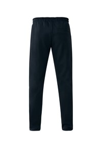 Pantalones de chándal negros con cintura elástica, corte ajustado y un solo bolsillo trasero. La tela parece suave con una textura lisa.