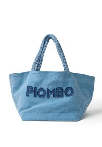 Blauwe stoffen draagtas met gevlochten handvatten en geborduurd "PIOMBO" in een donkere tint blauw. Zachte textuur, brede opening en ruime vormgeving.
