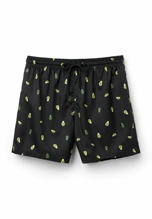 Black swim shorts made of lightweight fabric, featuring a repeating avocado pattern in various shades of green and yellow. Elastic waistband with drawstring.