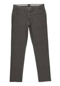 Graue Baumwollmischungshosen mit geradem Schnitt, ausgestattet mit einem Fünf-Pocket-Design und Metallknopfverschluss. Strukturiertem Stoff mit subtilen Linien.