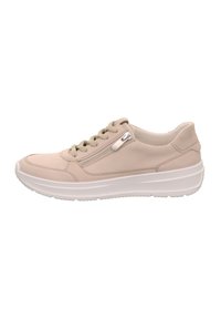 Beige Leder-Sneaker mit Schnürverschluss, gepolsterter Kragen und seitlichem Reißverschluss. Verfügt über eine weiße Plattformsohle und eine strukturierte Fersenakzentuierung.