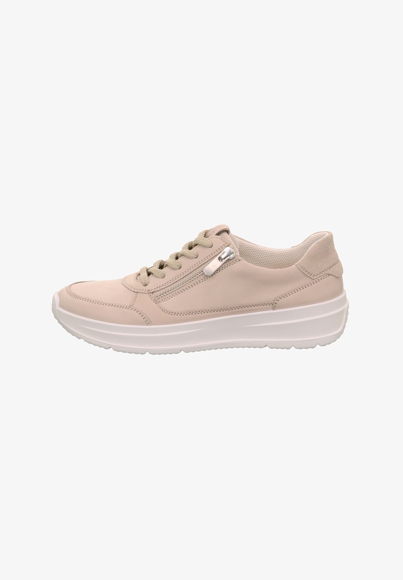 Beige Leder-Sneaker mit Schnürverschluss, gepolsterter Kragen und seitlichem Reißverschluss. Verfügt über eine weiße Plattformsohle und eine strukturierte Fersenakzentuierung.