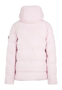 Giacca puffer leggera rosa chiaro con cappuccio, caratterizzata da un design trapuntato, maniche lunghe e una texture liscia. Senza hardware o accenti visibili.