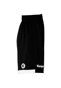 Schwarze Sportshorts aus leichtem Material, mit einem elastischen Bund und einem weißen Akzent am Saum. Kempa-Logo sichtbar.