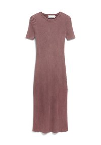 Rippstrickkleid in Mauve mit kurzen Ärmeln und Rundhalsausschnitt, mit einer figurbetonten Silhouette und einem gewellten Saum.