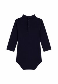 Body a maniche lunghe blu navy con colletto a risvolto e pattina con tre bottoni; materiale in morbido cotone; forma aderente; senza motivi o dettagli.