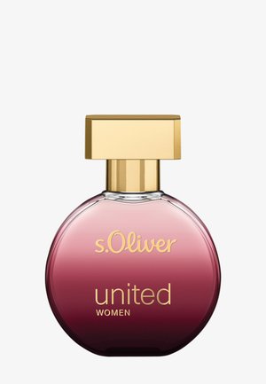 Flacon de parfum rond à dégradé rose avec un bouchon rectangulaire doré, étiqueté "s.Oliver united WOMEN" sur le devant.