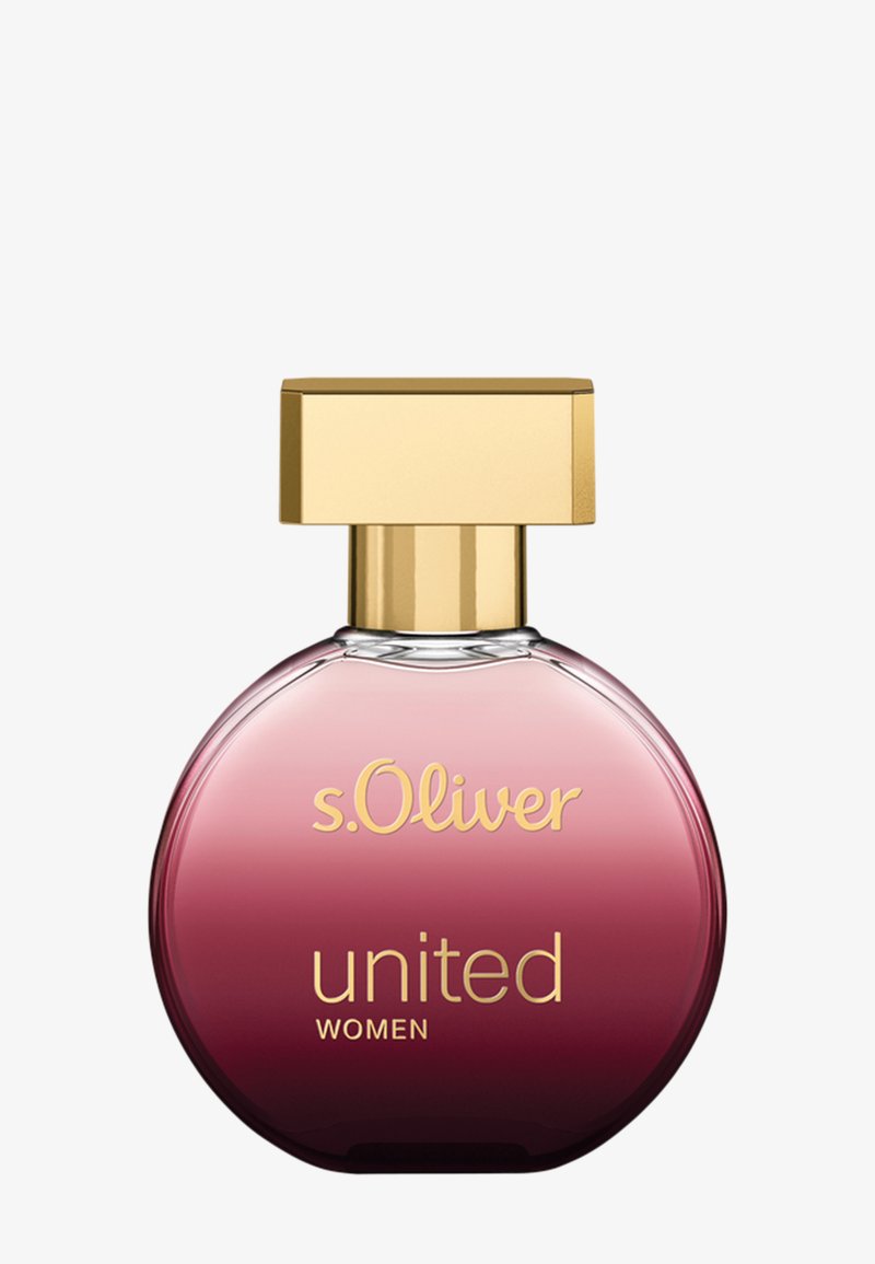 Flacon de parfum rond à dégradé rose avec un bouchon rectangulaire doré, étiqueté "s.Oliver united WOMEN" sur le devant.