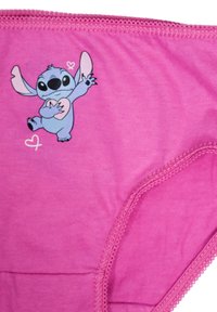 Slip in cotone rosa con un personaggio dei cartoni animati blu, orecchie grandi e cuori, progettato con una cintura morbida e bordi cuciti.