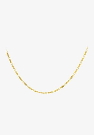 Collar de cadena de oro que presenta formas ovaladas y retorcidas interconectadas. Textura suave con un acabado pulido. Longitud adecuada para un uso cómodo.