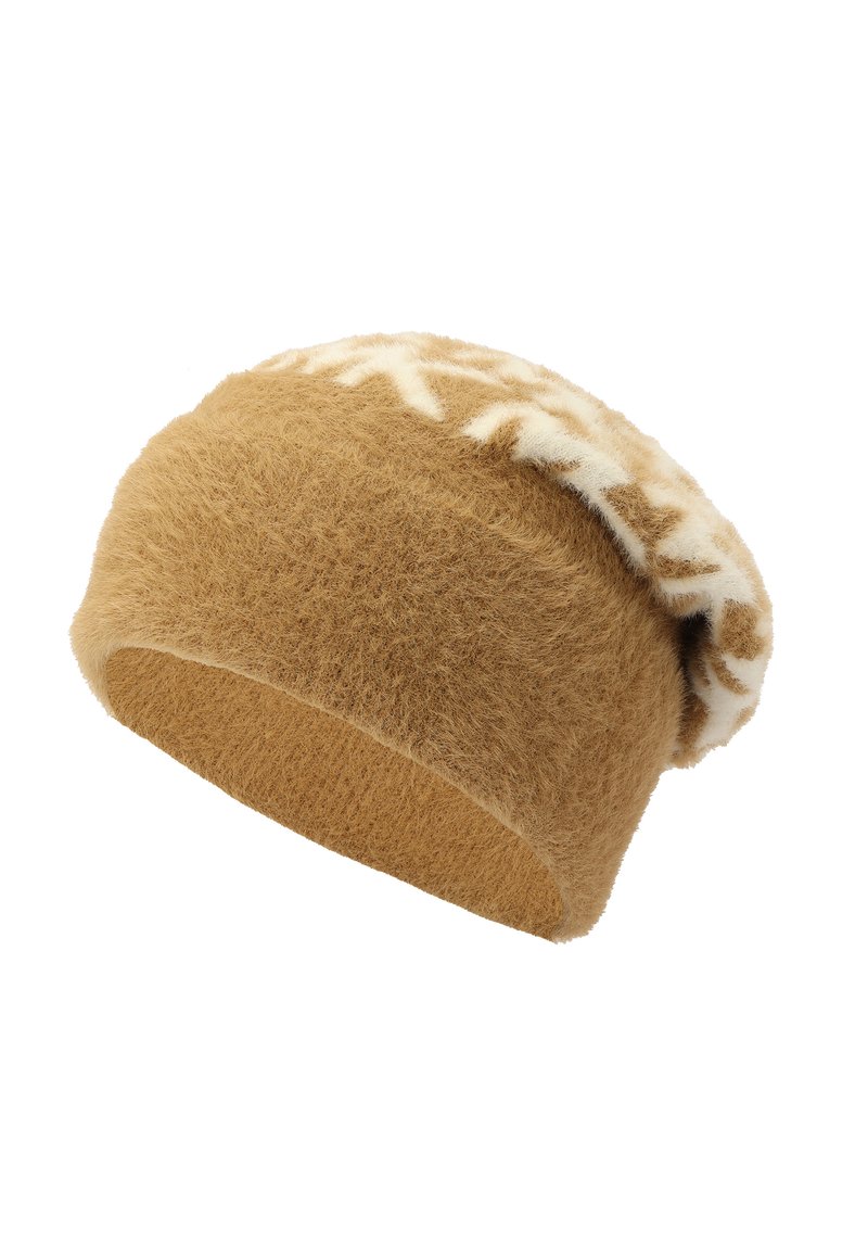 Beret en laine beige avec une texture douce et feutrée, arborant une bande à motifs de couleur crème autour du bord. Forme arrondie, design non structuré.