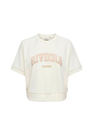 Biela mikina s krátkym rukávom s vyšitými slovami "RIVIERA" a "FRANCE" na prednej strane béžovým písmom.