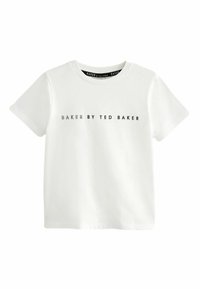 Valkoinen puuvillapaita lyhyillä hihoilla, jossa on teksti "BAKER BY TED BAKER" mustana rinnan kohdalla. Sileä pinta ja klassinen leikkaus.