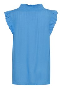 Top senza maniche di colore azzurro chiaro con dettagli a volant sulle spalle e scollatura arricciata. Tessuto morbido con una vestibilità comoda e orlo dritto.