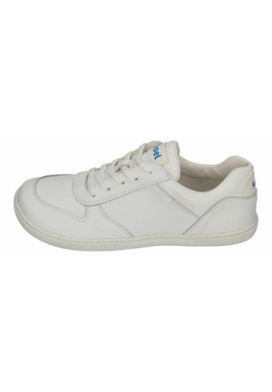 White leather sneaker with a rounded toe, textured panels, and a flat rubber sole. Features traditional lace closure and a logo tab.