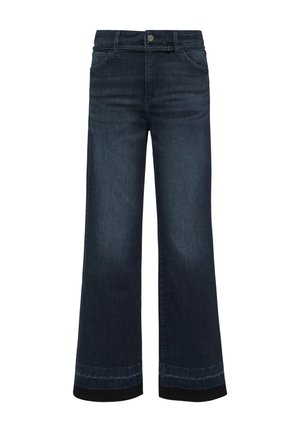 Dark blue wide-leg jeans made of denim, featuring a regular waistband, front pockets, and contrast stitching at the hem.
